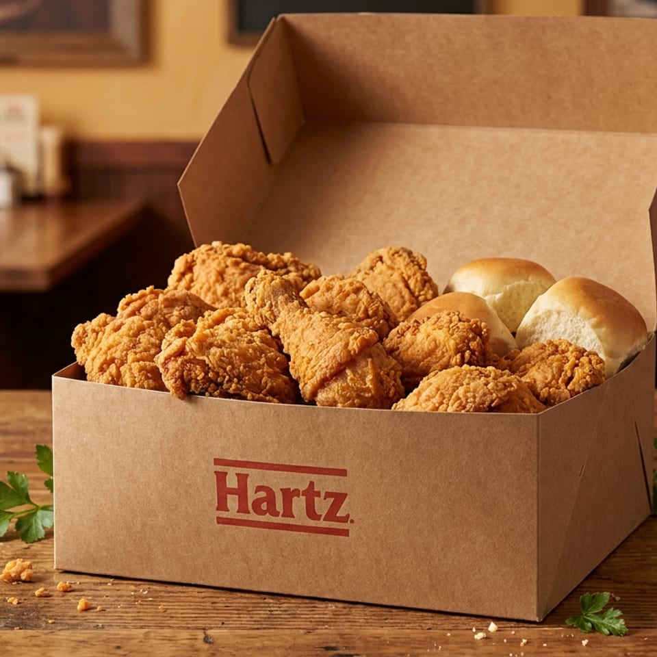 Hartz chicken box filled with crispy fried chicken pieces and dinner rolls on a wooden table.