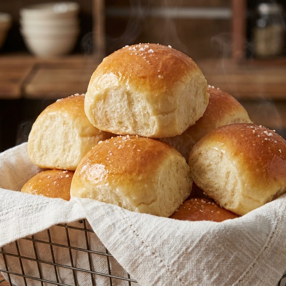 Steaming hot, golden-brown dinner rolls with salt flakes in a wire basket with a linen napkin.