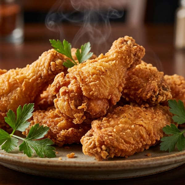 Steaming hot, crispy fried chicken pieces with parsley garnish on a rustic plate.