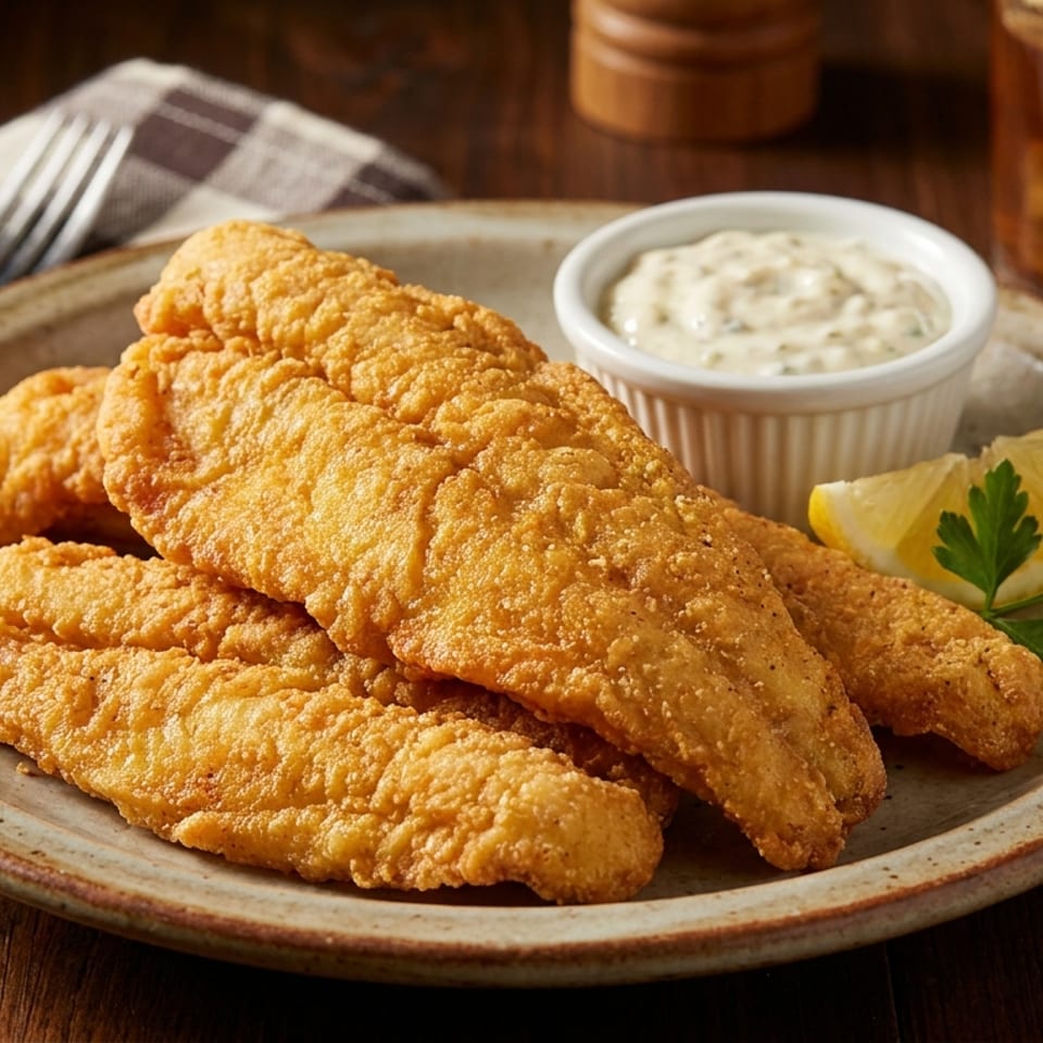 Crispy fried fish fillets with tartar sauce, lemon, and parsley on a rustic plate.