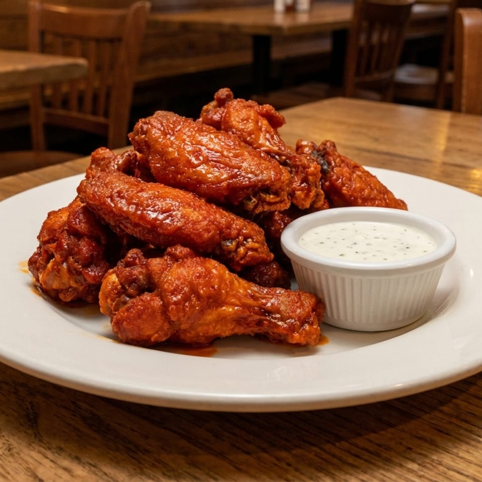 A plate of buffalo chicken wings with a side of ranch dressing on a wooden table.