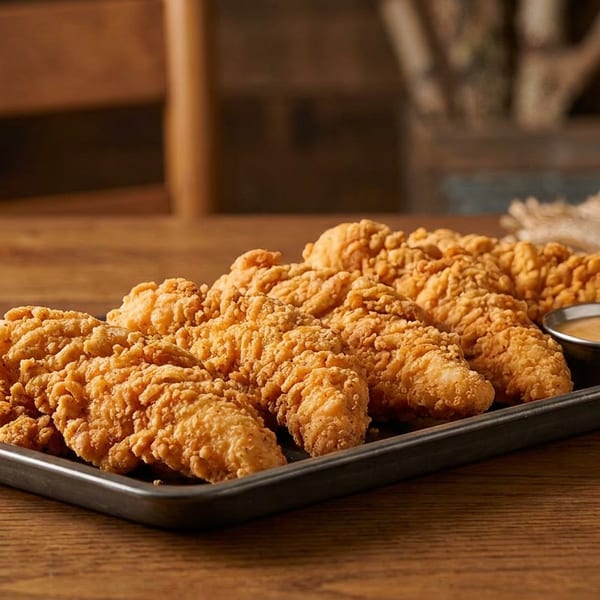 Crispy fried chicken tenders and dipping sauce on a dark metal tray, on a wooden table.