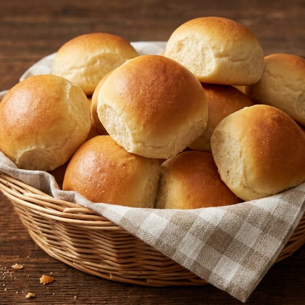 Golden brown dinner rolls in a woven basket lined with a checkered cloth on a wooden table.