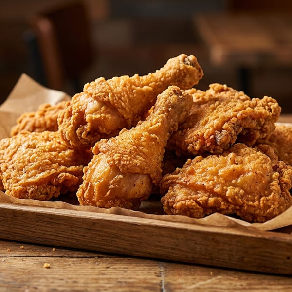 Crispy fried chicken pieces, including drumsticks and thighs, served on a wooden tray with parchment paper.