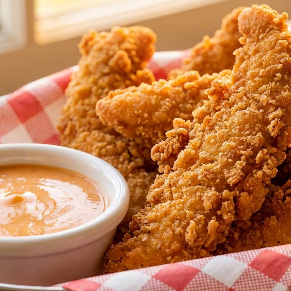 Crispy fried chicken tenders in a metal basket with red and white checkered paper, next to a dipping sauce.