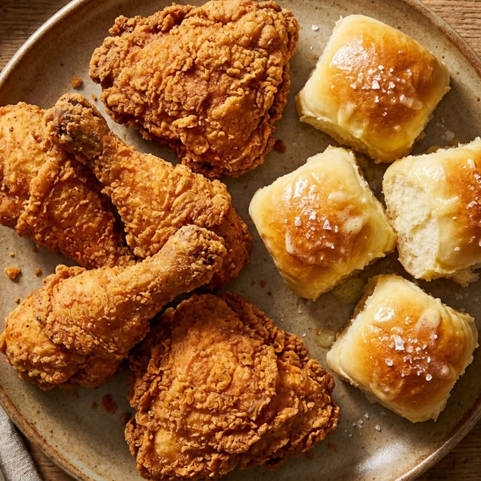 Crispy fried chicken pieces and fluffy dinner rolls with sea salt on a rustic plate.