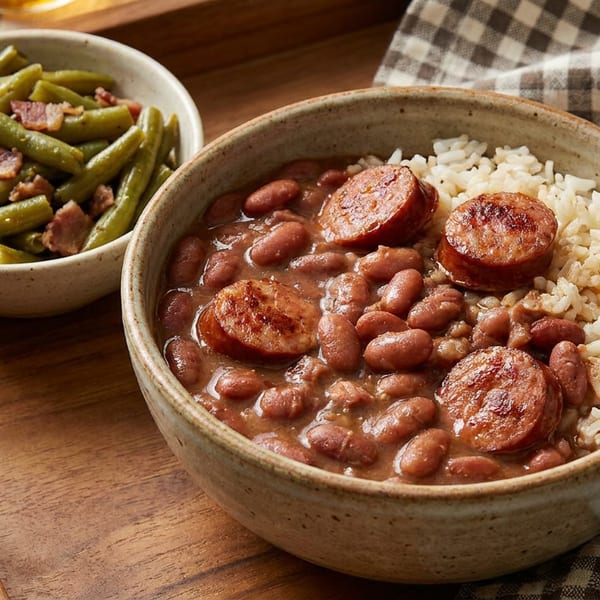 A bowl of red beans and rice with sausage, green beans, and cornbread on a wooden tray.