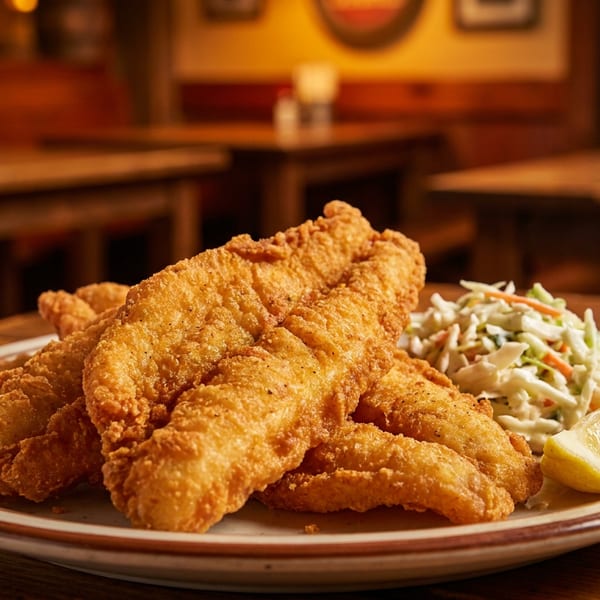 Crispy fried fish fillets with coleslaw and a lemon wedge on a plate in a rustic restaurant.