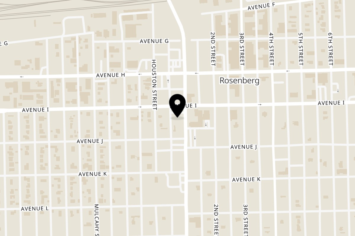 Map showing the location of Texas Toms Rosenberg on 1106 1st St in Rosenberg