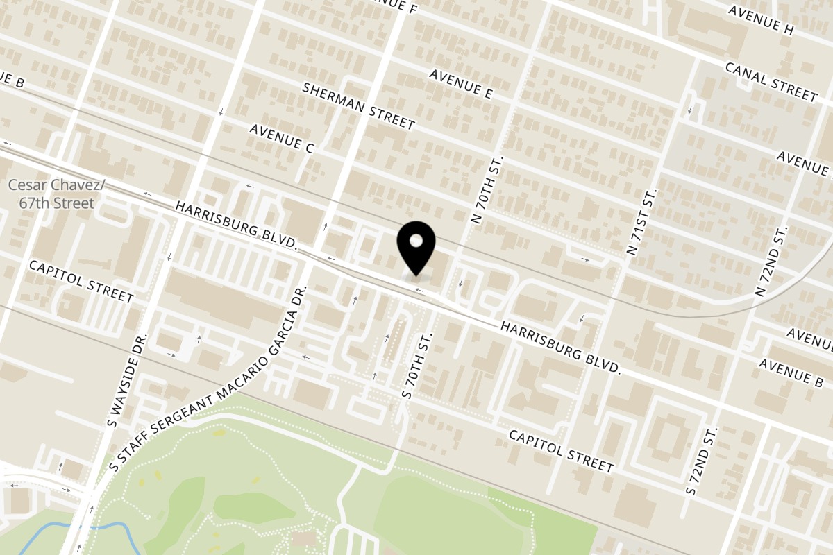 Map showing the location of Texas Toms Harrisburg on 6935 Harrisburg Blvd in Houston