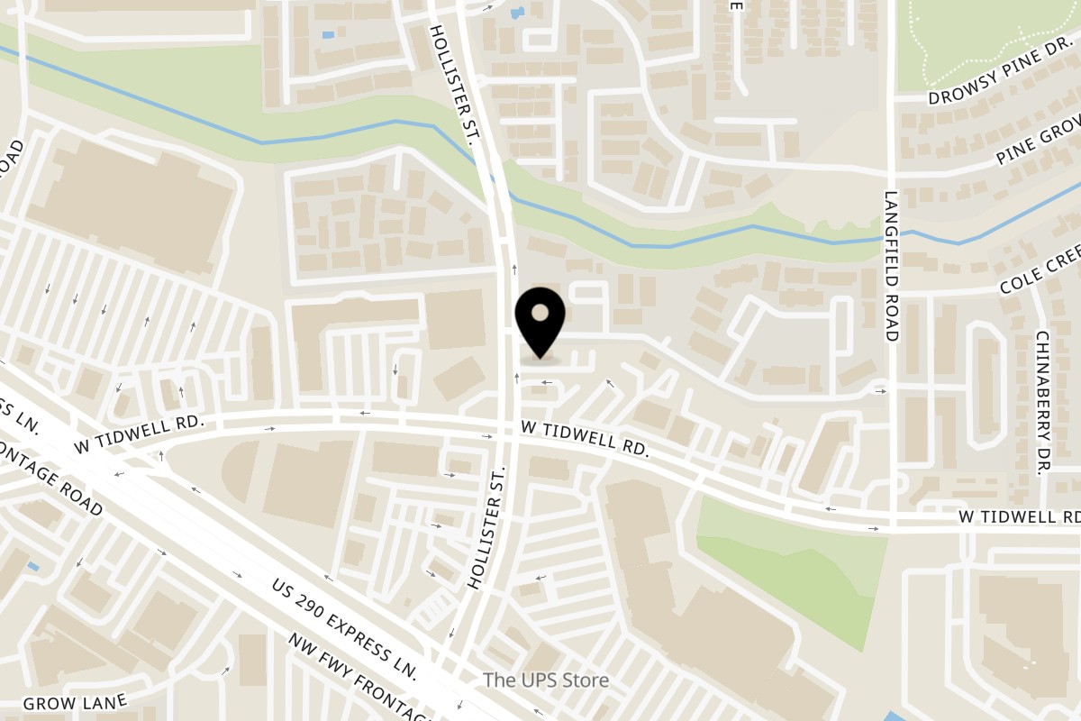 Map showing the location of Texas Toms Hollister on 5780 Hollister St in Houston