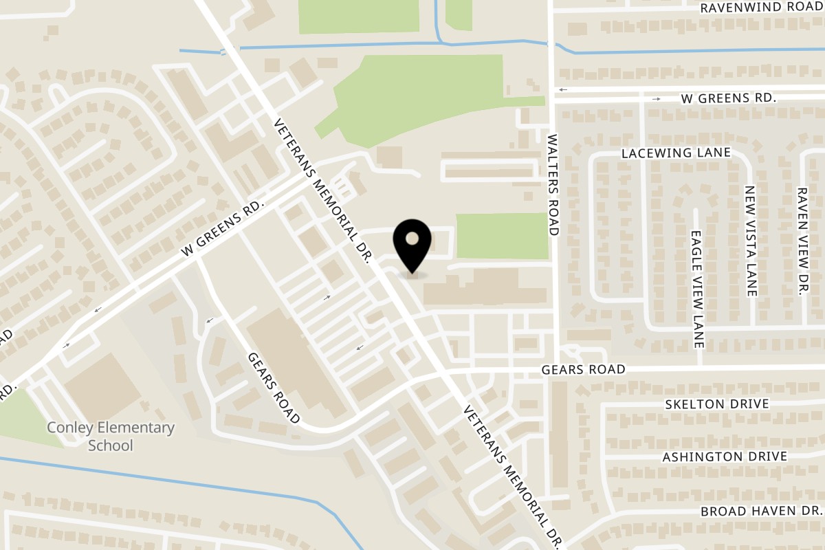 Map showing the location of Texas Toms Veterans Memorial on 11380 Veterans Memorial Dr in Houston