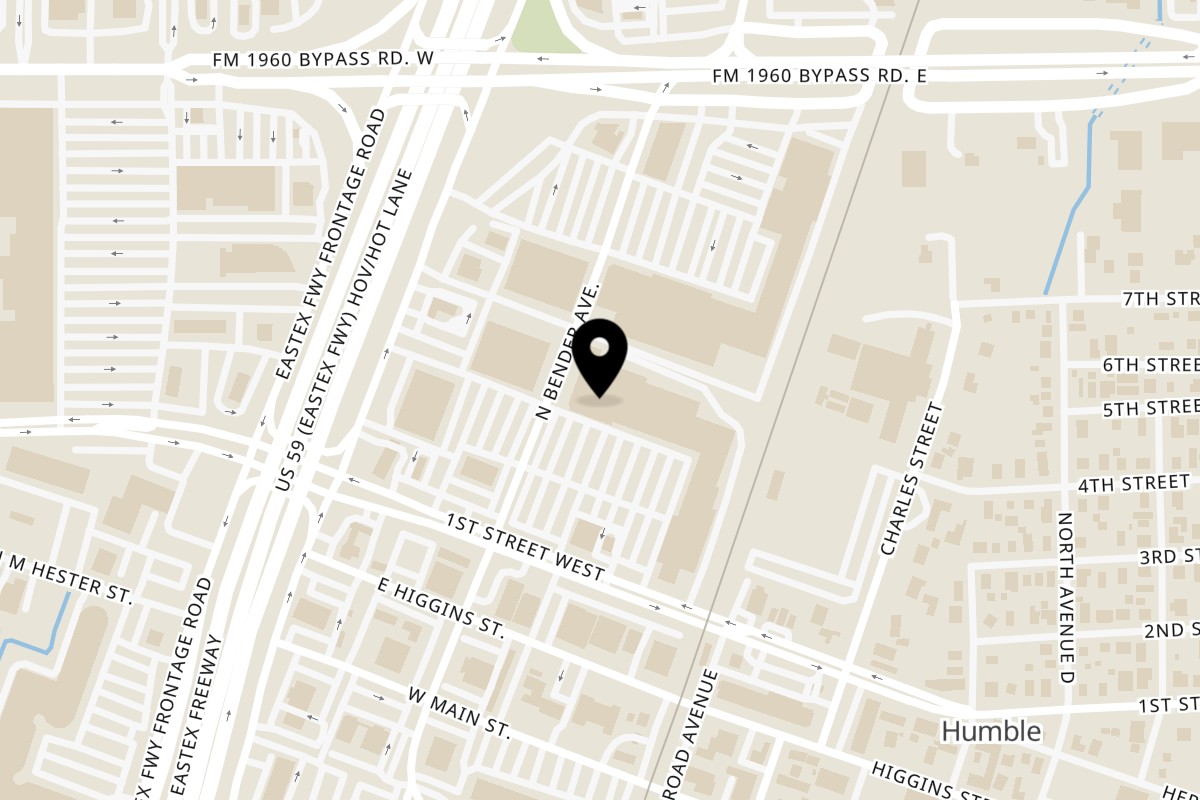 Map showing the location of Texas Toms First Street Humble on 210 1st St E in Humble